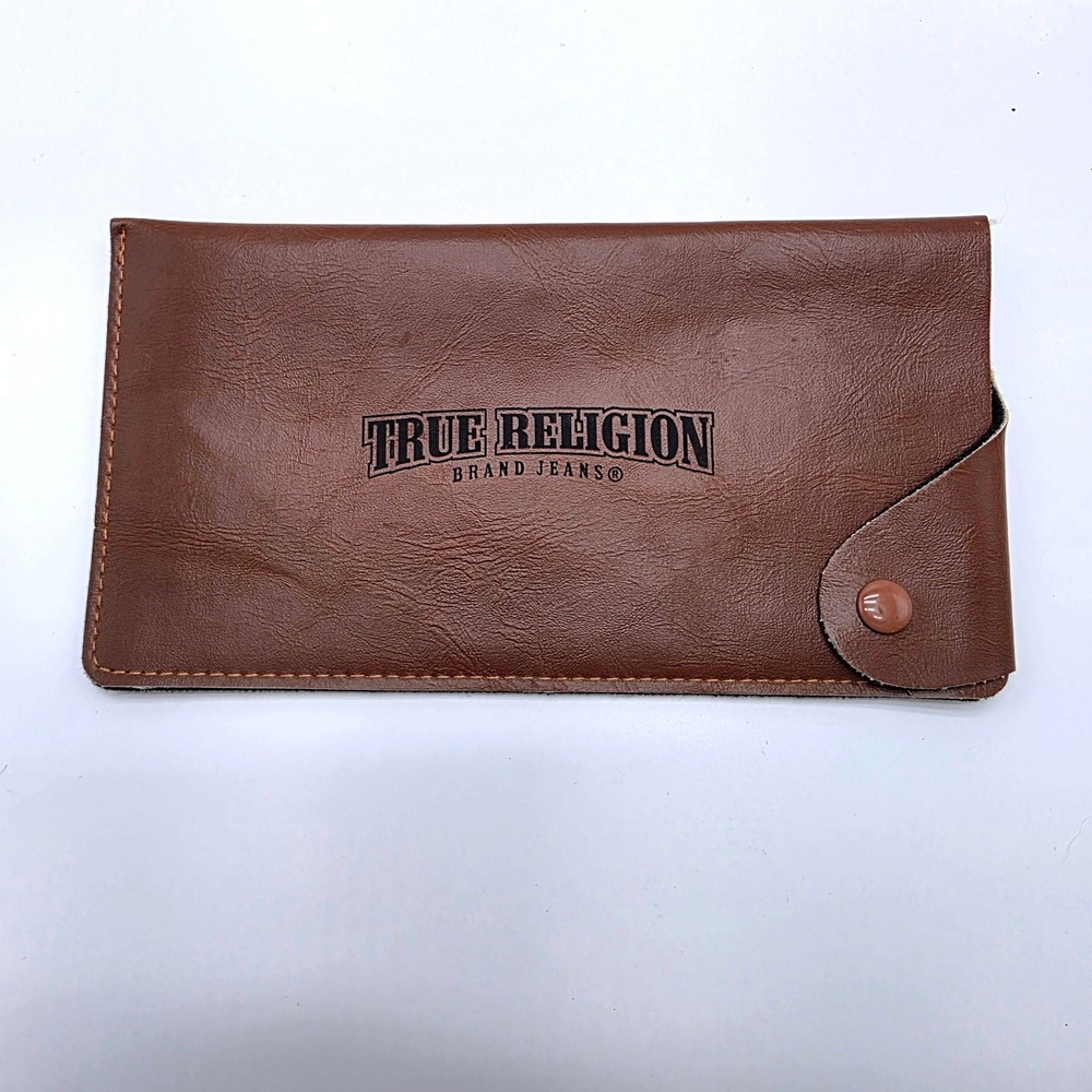 True Religion Brown Faux Leather Sunglasses Eyeglass Case Snap Closure Slim Logo